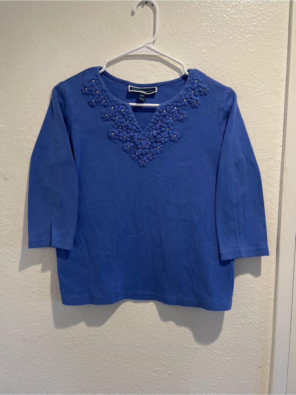 Karen Scott Blue Floral Embroidered Studded Top PM Cottagecore Grandmacore